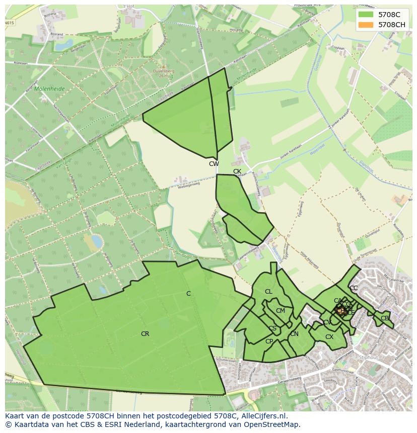 Afbeelding van het postcodegebied 5708 CH op de kaart.