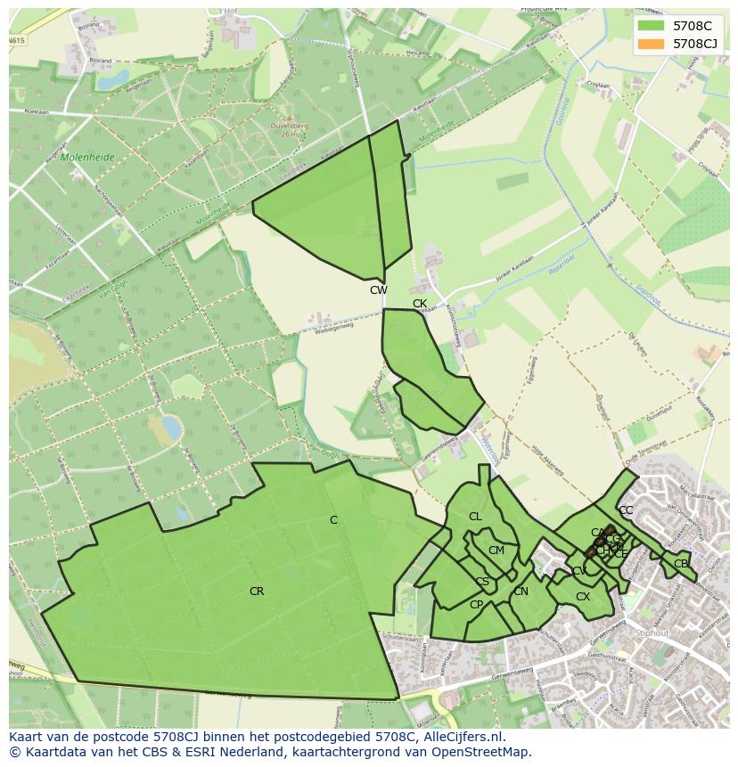 Afbeelding van het postcodegebied 5708 CJ op de kaart.
