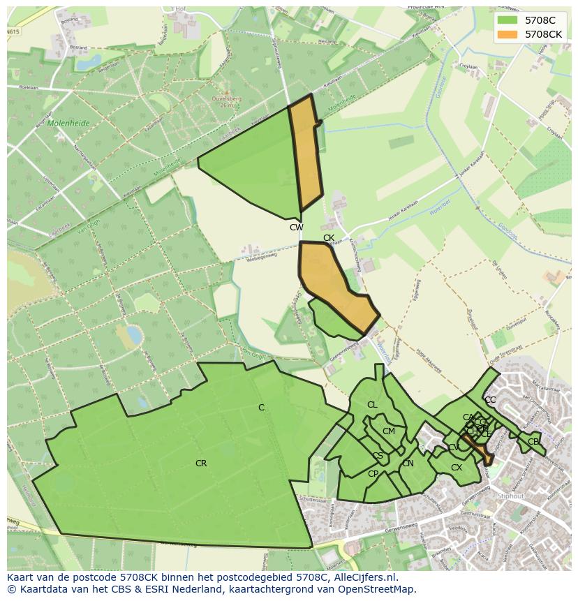 Afbeelding van het postcodegebied 5708 CK op de kaart.