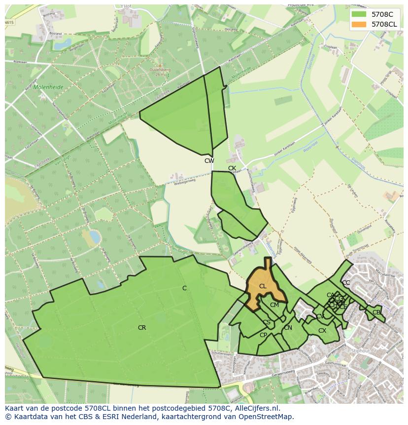 Afbeelding van het postcodegebied 5708 CL op de kaart.