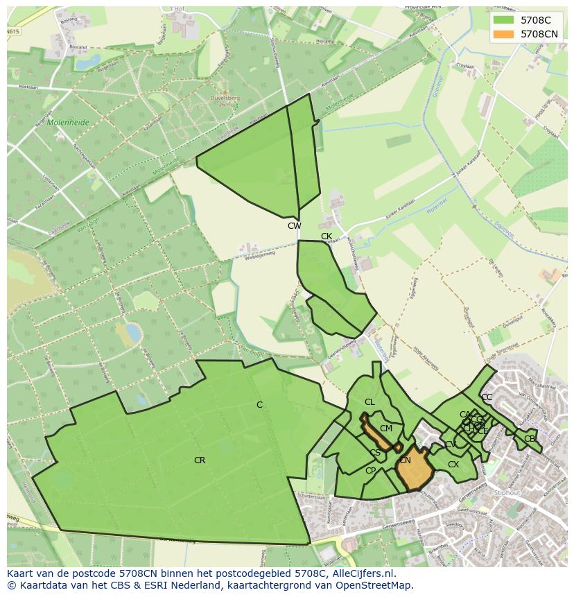 Afbeelding van het postcodegebied 5708 CN op de kaart.