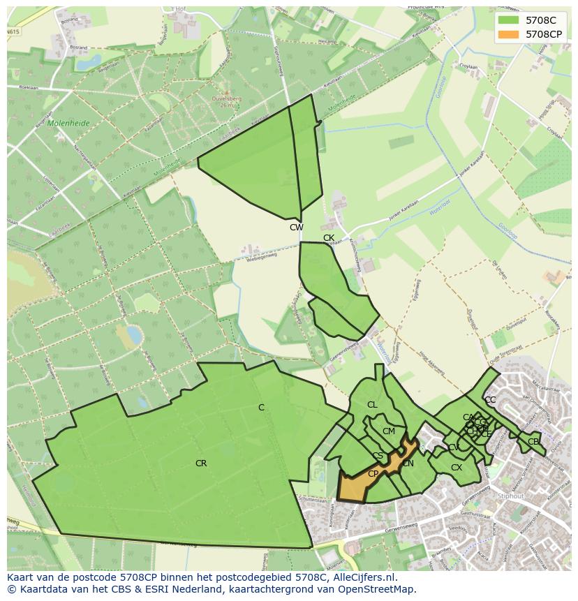 Afbeelding van het postcodegebied 5708 CP op de kaart.