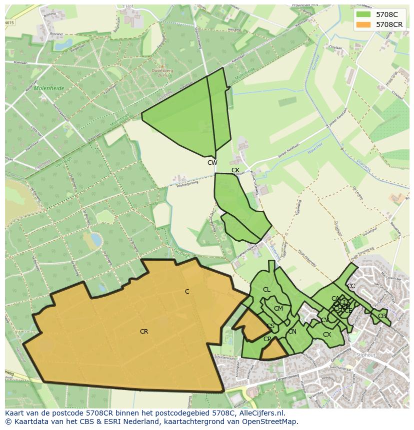 Afbeelding van het postcodegebied 5708 CR op de kaart.