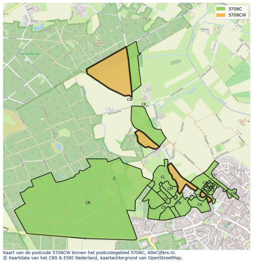 Afbeelding van het postcodegebied 5708 CW op de kaart.