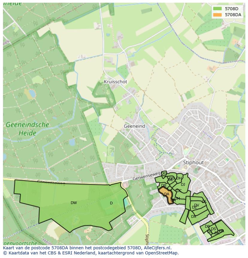 Afbeelding van het postcodegebied 5708 DA op de kaart.