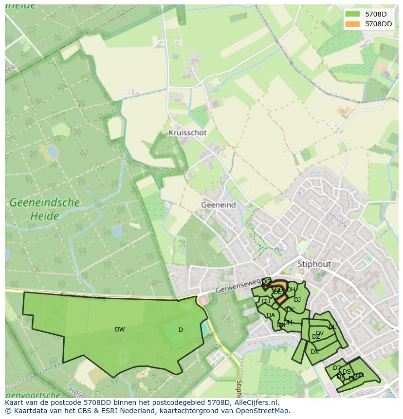 Afbeelding van het postcodegebied 5708 DD op de kaart.