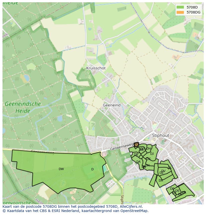 Afbeelding van het postcodegebied 5708 DG op de kaart.