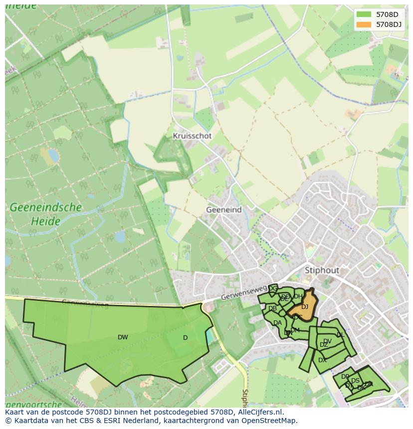 Afbeelding van het postcodegebied 5708 DJ op de kaart.