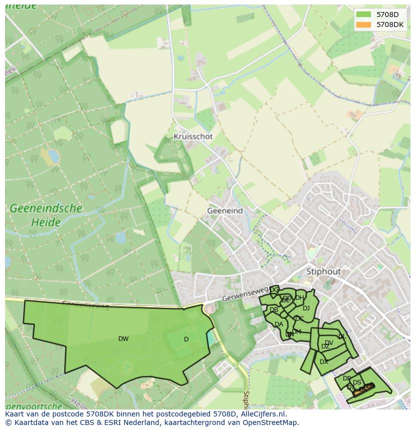 Afbeelding van het postcodegebied 5708 DK op de kaart.