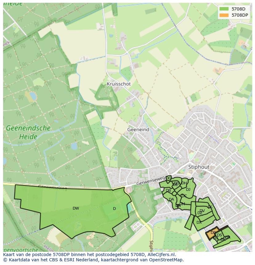 Afbeelding van het postcodegebied 5708 DP op de kaart.