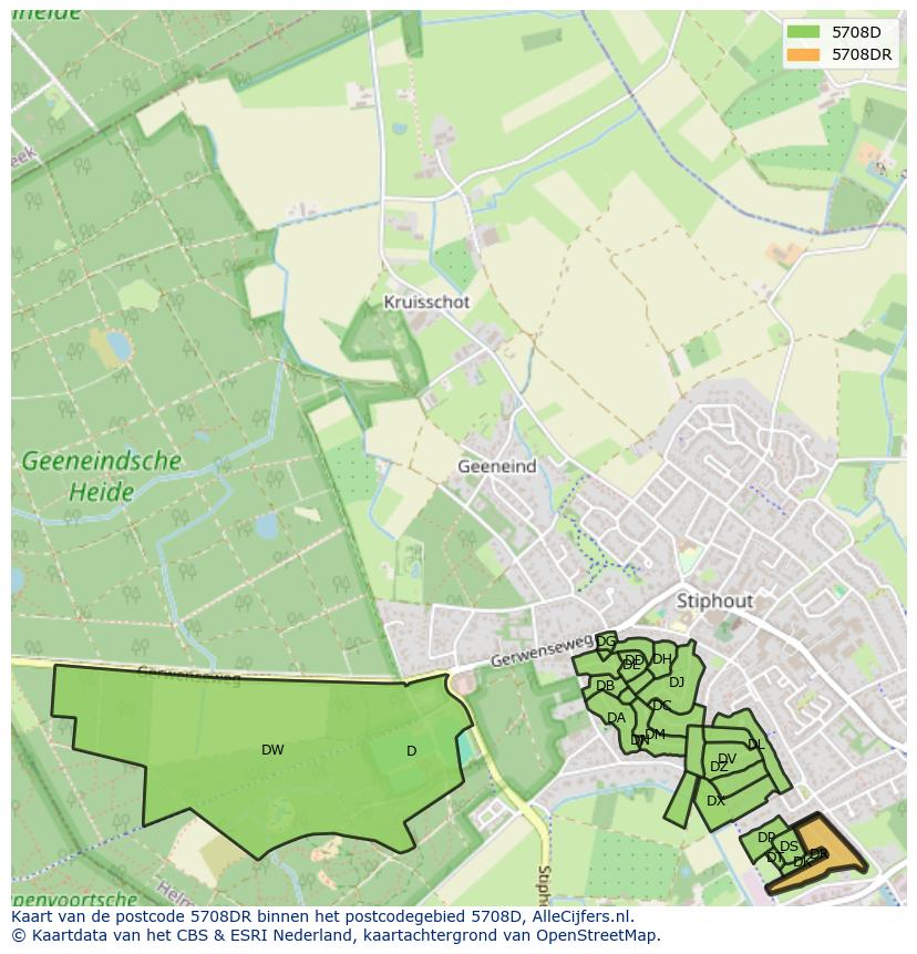 Afbeelding van het postcodegebied 5708 DR op de kaart.