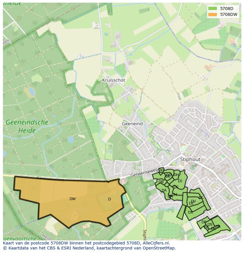 Afbeelding van het postcodegebied 5708 DW op de kaart.