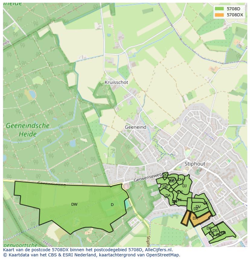 Afbeelding van het postcodegebied 5708 DX op de kaart.