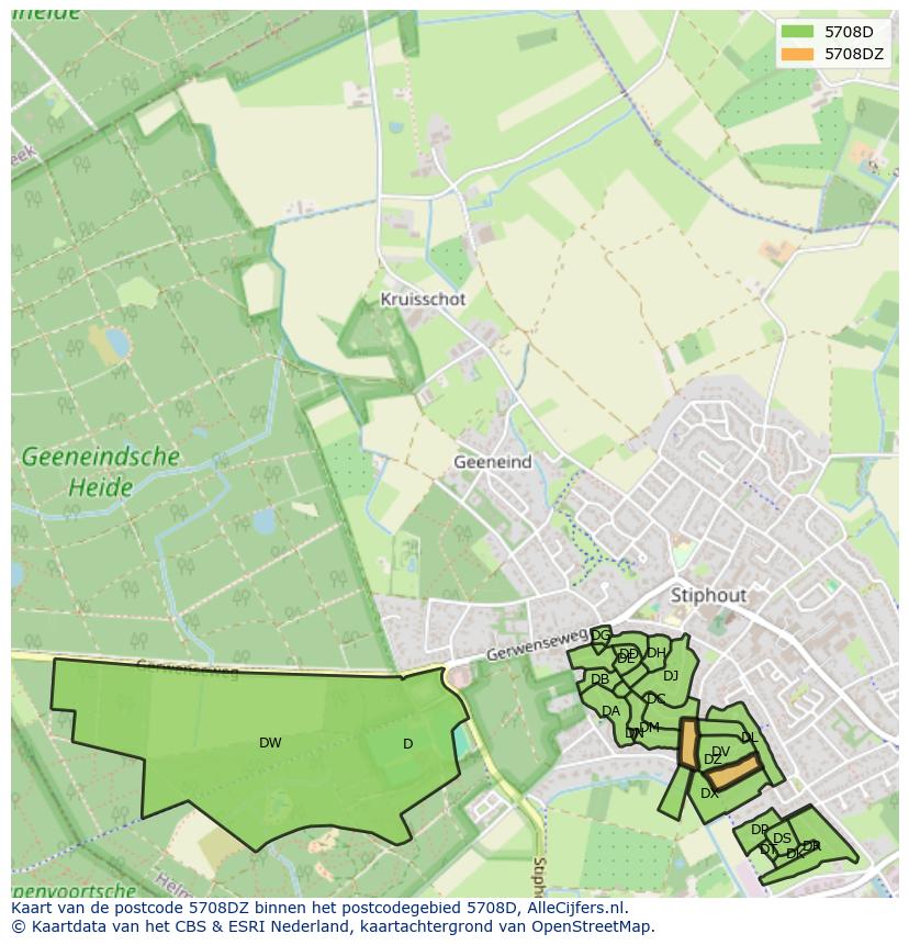 Afbeelding van het postcodegebied 5708 DZ op de kaart.