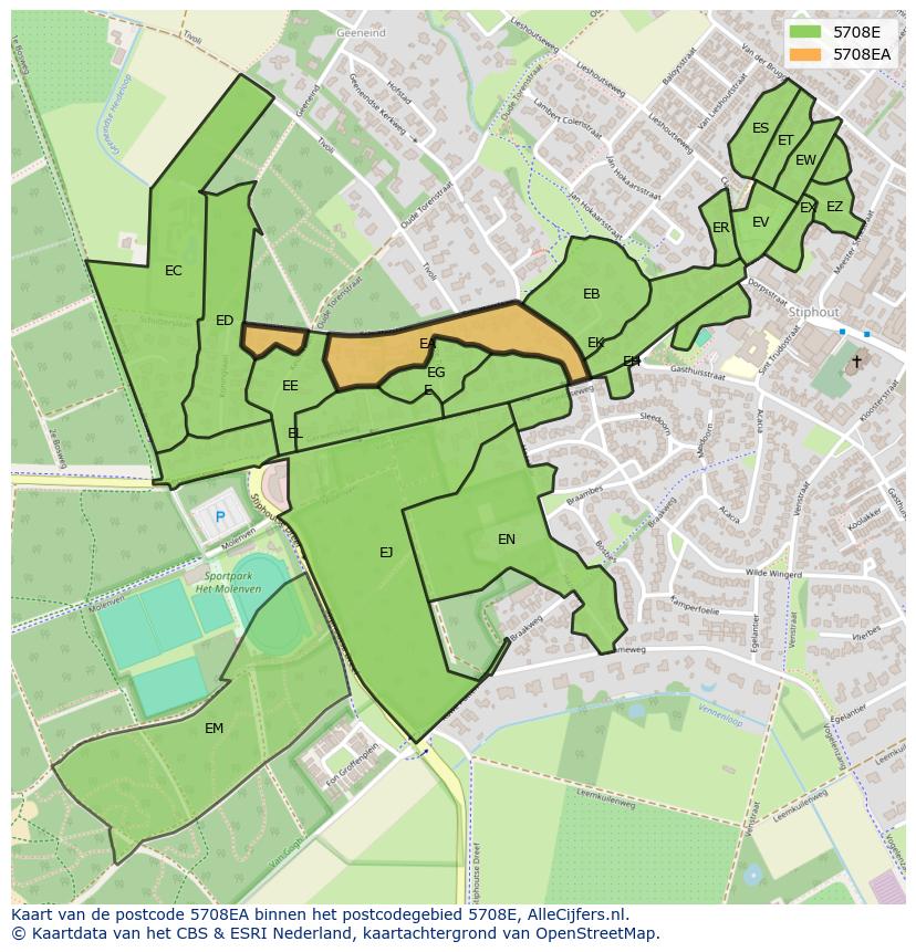 Afbeelding van het postcodegebied 5708 EA op de kaart.