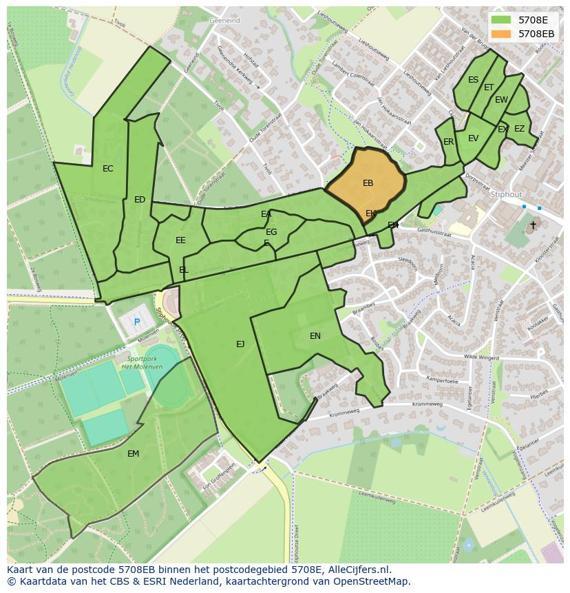 Afbeelding van het postcodegebied 5708 EB op de kaart.