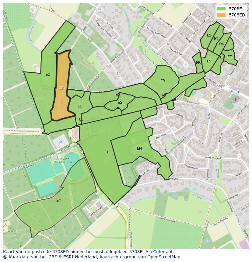 Afbeelding van het postcodegebied 5708 ED op de kaart.