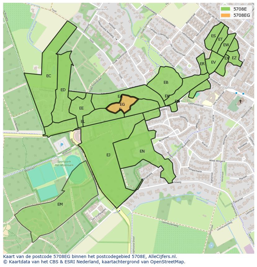 Afbeelding van het postcodegebied 5708 EG op de kaart.
