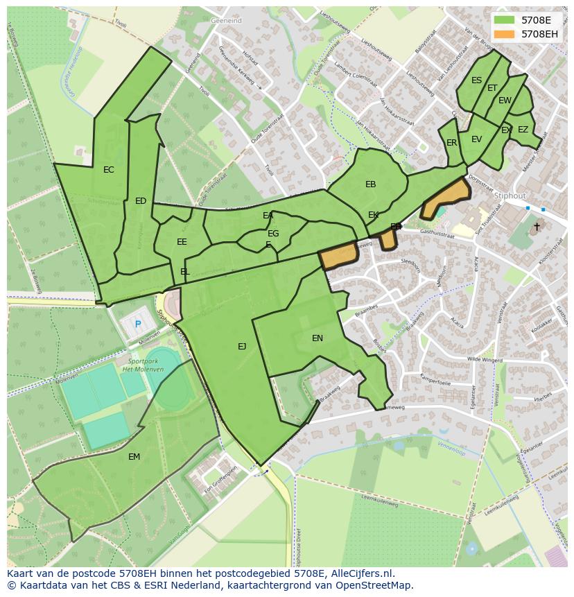 Afbeelding van het postcodegebied 5708 EH op de kaart.