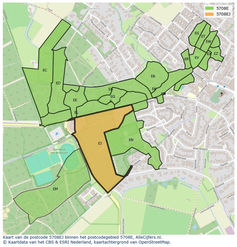 Afbeelding van het postcodegebied 5708 EJ op de kaart.