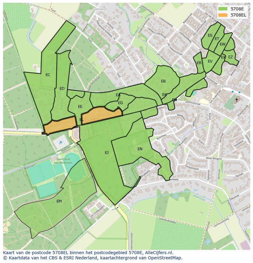 Afbeelding van het postcodegebied 5708 EL op de kaart.