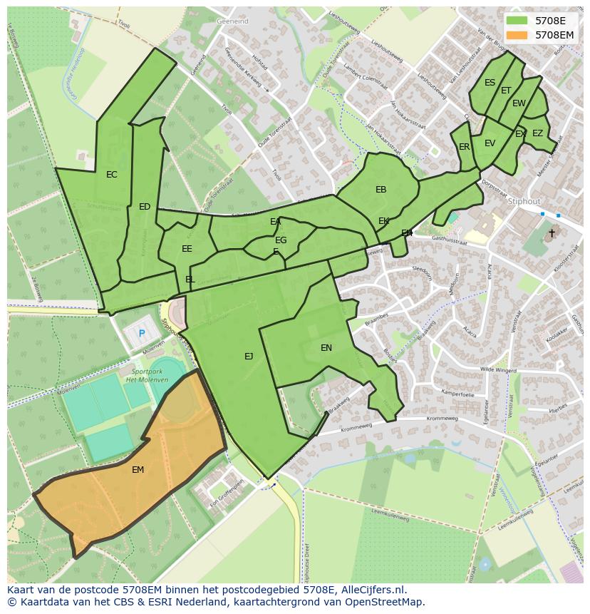 Afbeelding van het postcodegebied 5708 EM op de kaart.