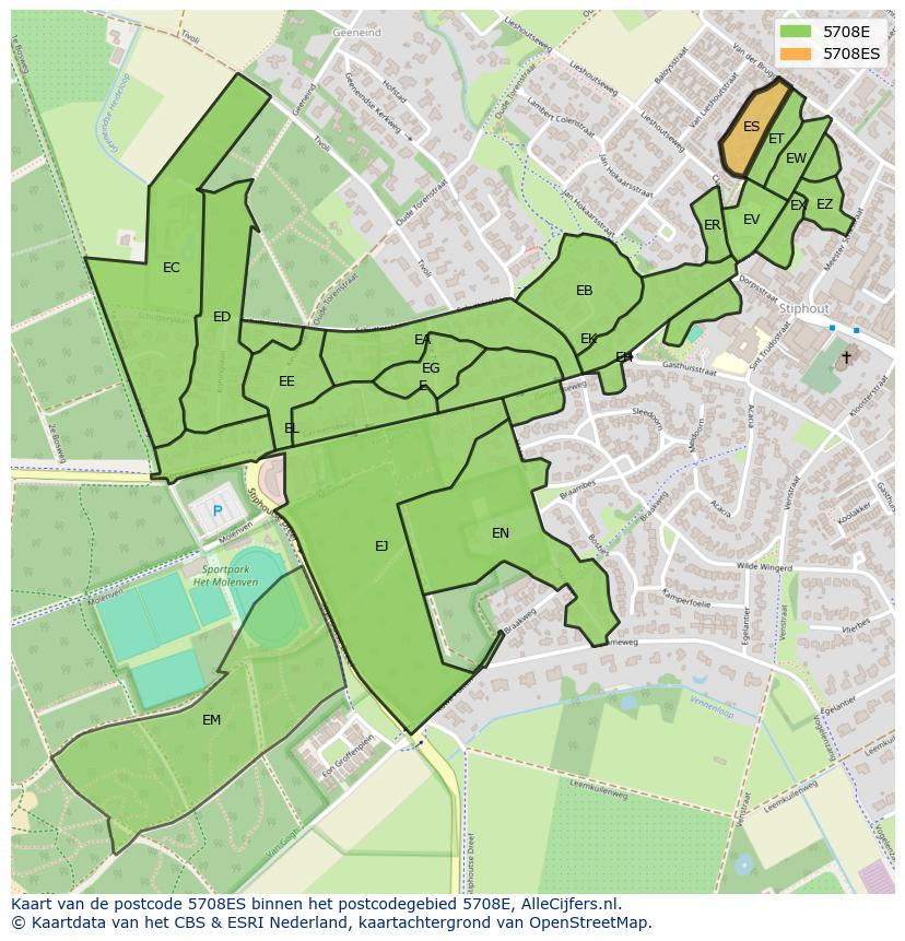 Afbeelding van het postcodegebied 5708 ES op de kaart.
