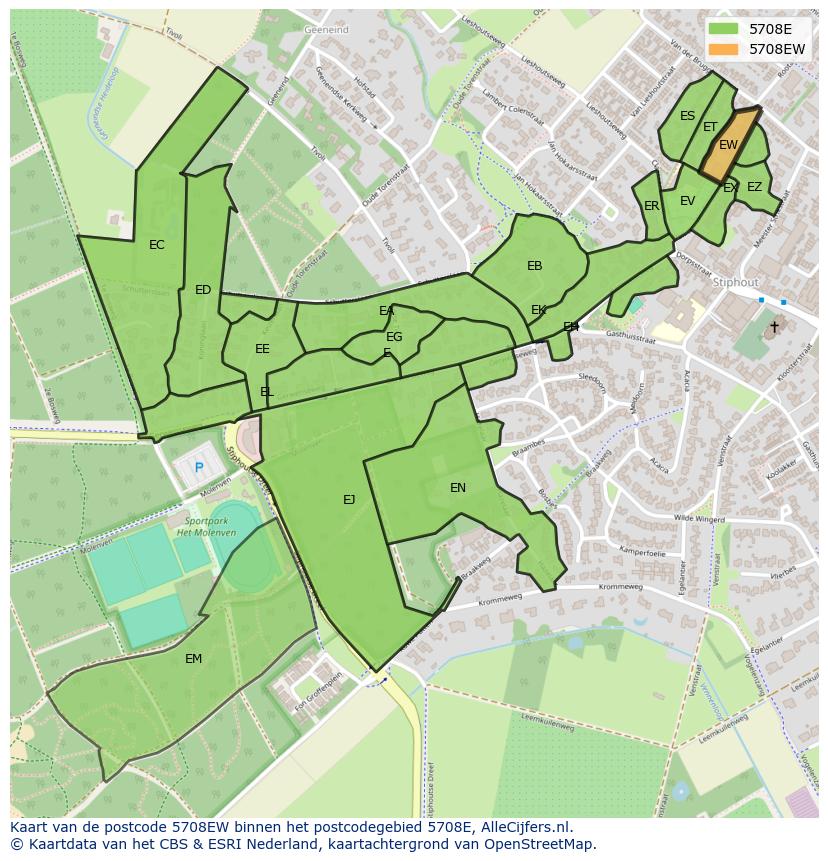 Afbeelding van het postcodegebied 5708 EW op de kaart.