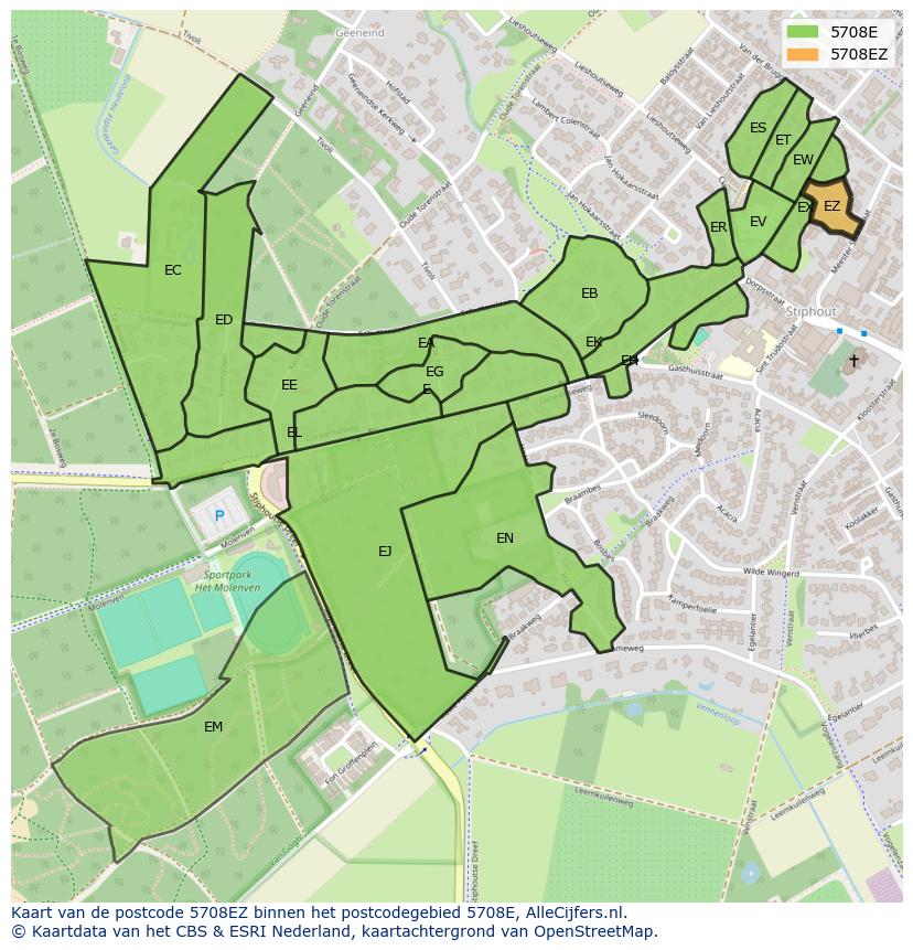 Afbeelding van het postcodegebied 5708 EZ op de kaart.