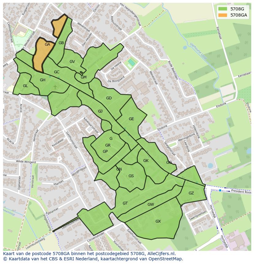 Afbeelding van het postcodegebied 5708 GA op de kaart.