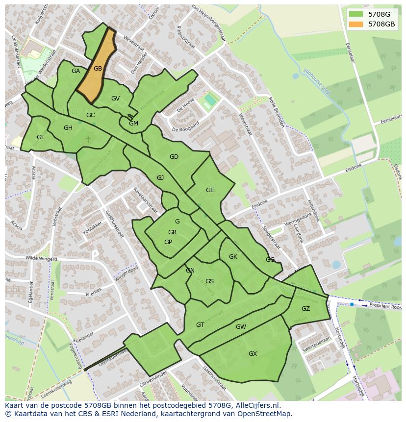 Afbeelding van het postcodegebied 5708 GB op de kaart.