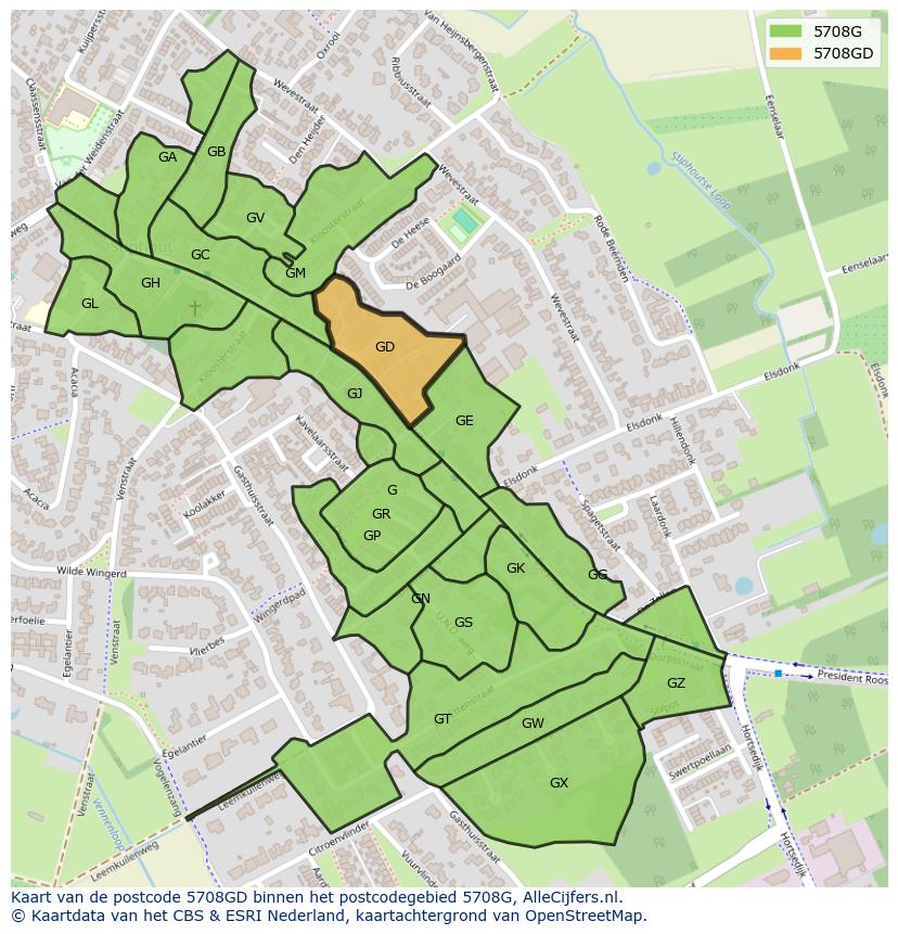 Afbeelding van het postcodegebied 5708 GD op de kaart.
