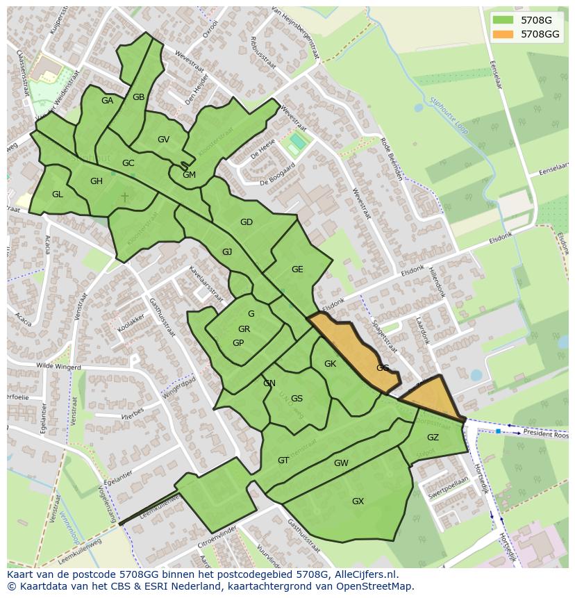 Afbeelding van het postcodegebied 5708 GG op de kaart.
