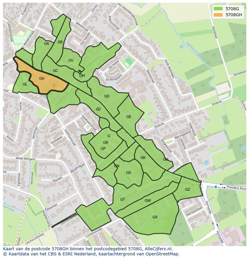 Afbeelding van het postcodegebied 5708 GH op de kaart.