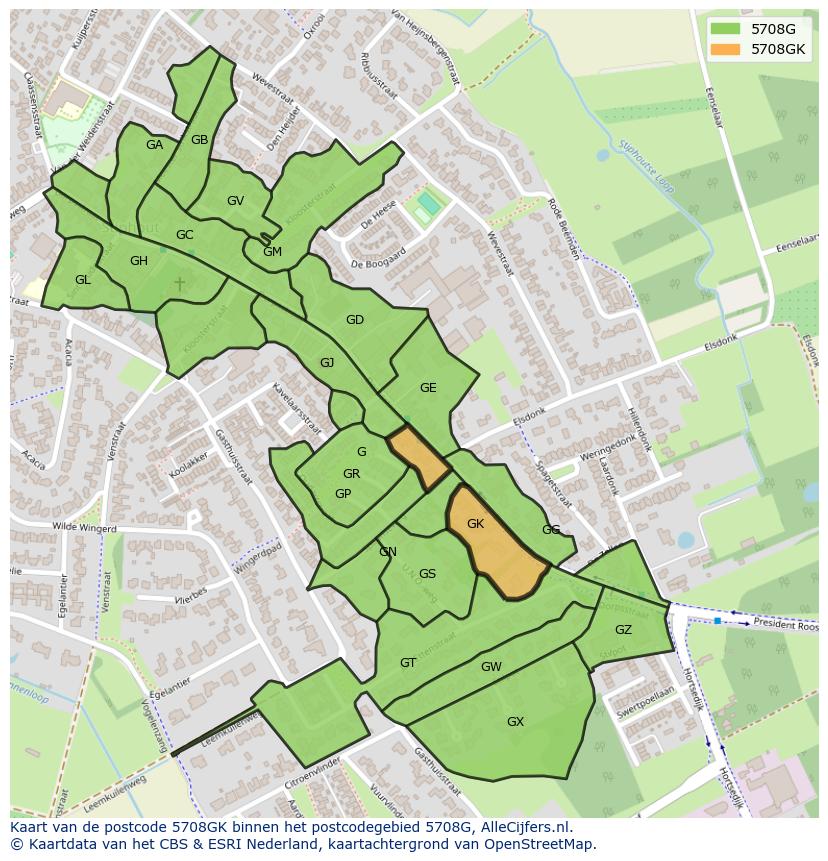 Afbeelding van het postcodegebied 5708 GK op de kaart.