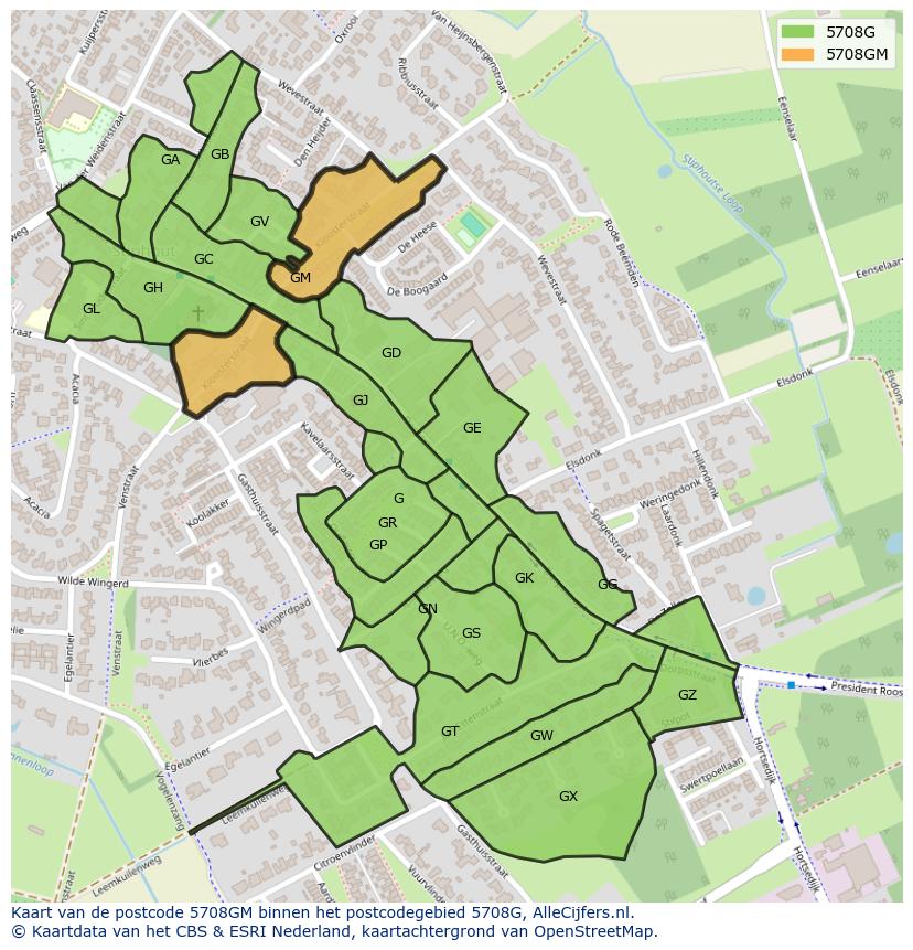 Afbeelding van het postcodegebied 5708 GM op de kaart.