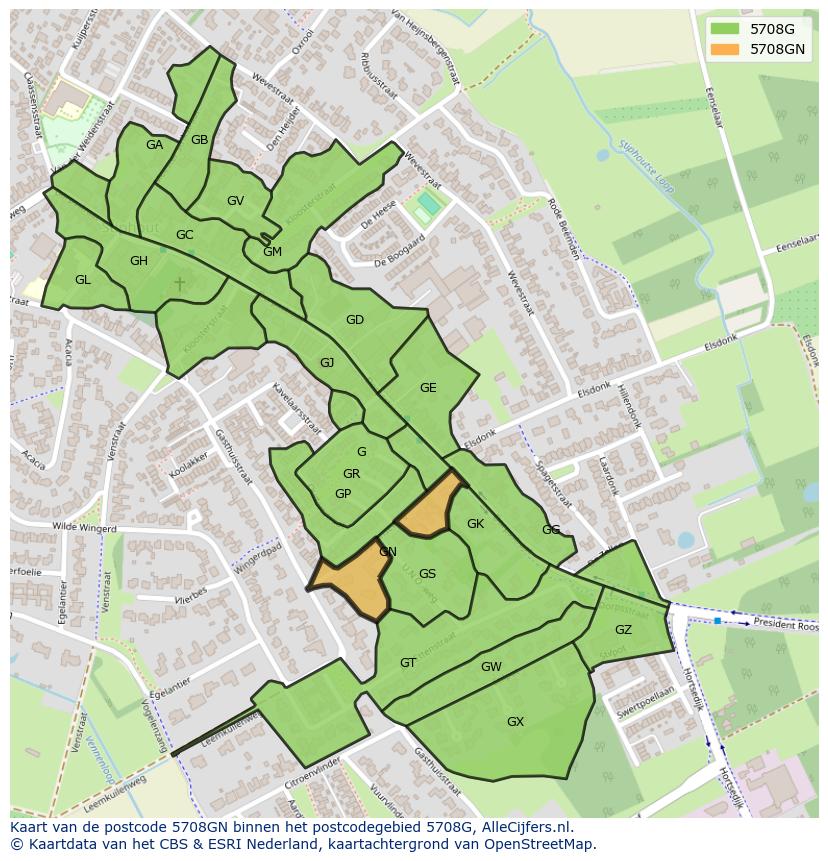 Afbeelding van het postcodegebied 5708 GN op de kaart.