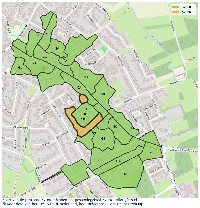 Afbeelding van het postcodegebied 5708 GP op de kaart.