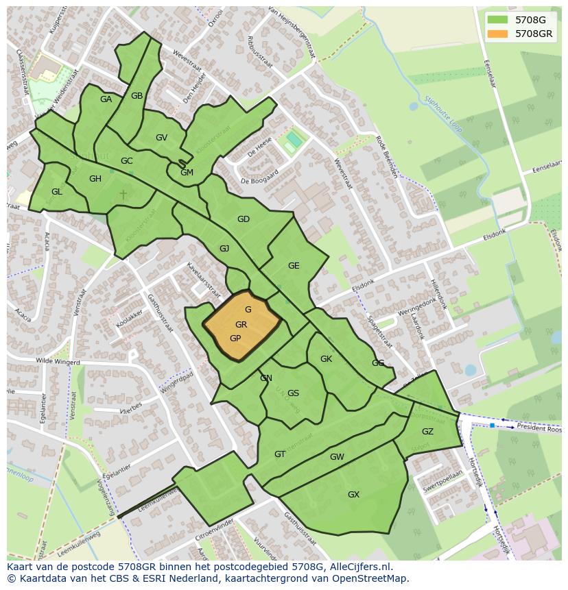 Afbeelding van het postcodegebied 5708 GR op de kaart.