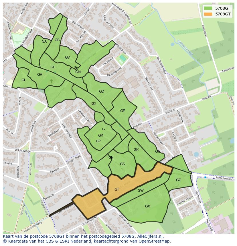 Afbeelding van het postcodegebied 5708 GT op de kaart.