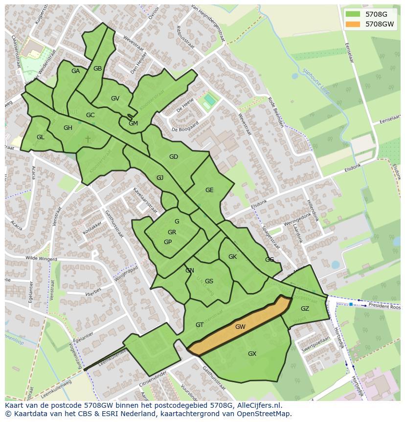 Afbeelding van het postcodegebied 5708 GW op de kaart.