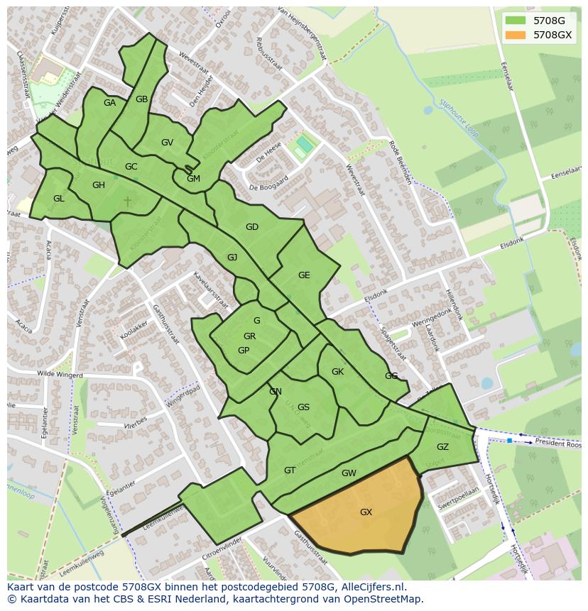 Afbeelding van het postcodegebied 5708 GX op de kaart.