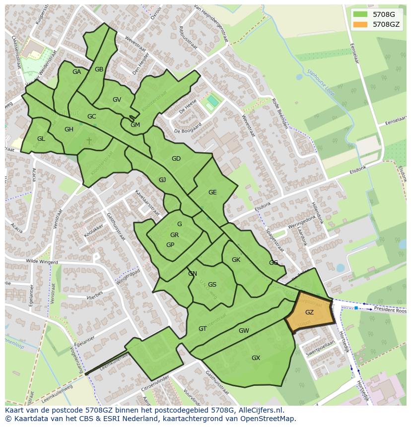 Afbeelding van het postcodegebied 5708 GZ op de kaart.