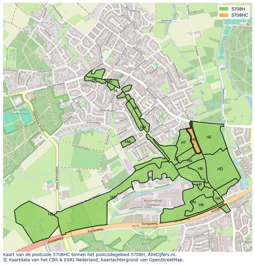 Afbeelding van het postcodegebied 5708 HC op de kaart.