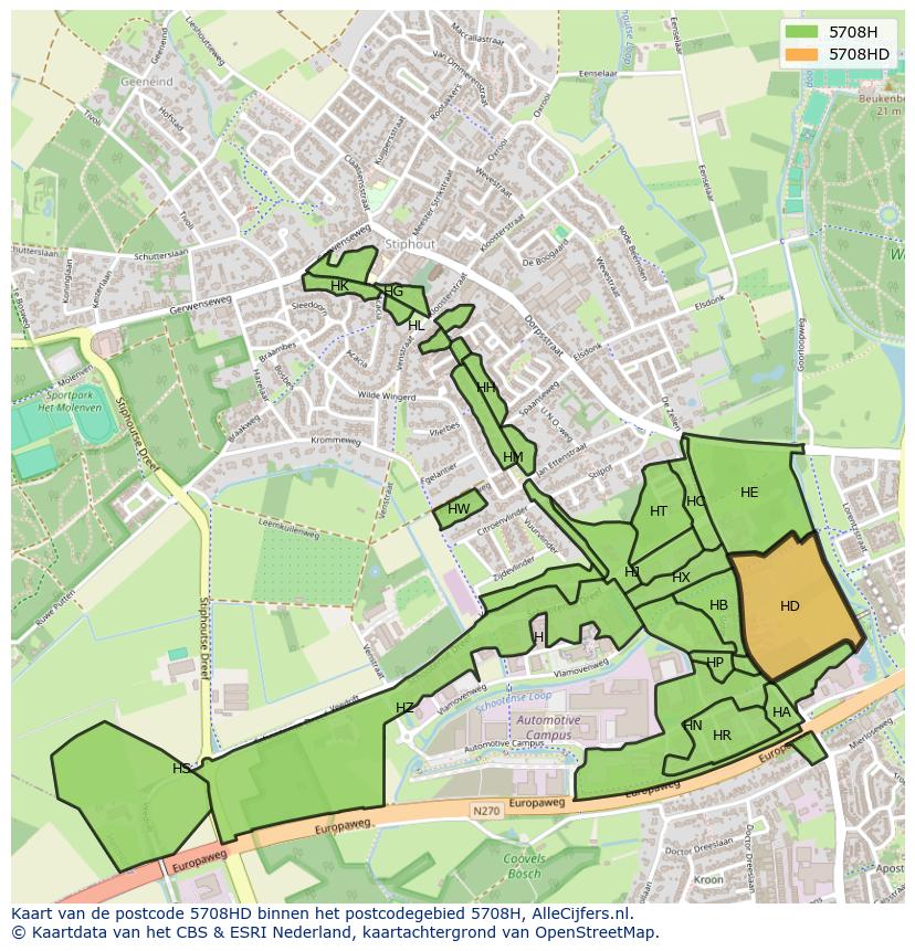 Afbeelding van het postcodegebied 5708 HD op de kaart.