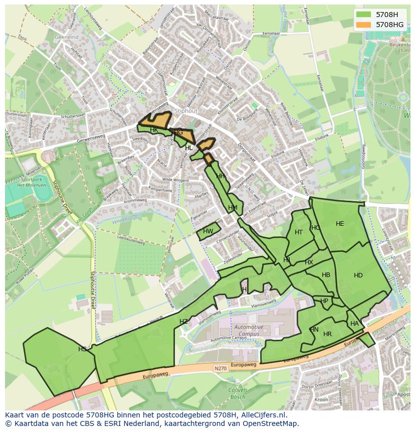 Afbeelding van het postcodegebied 5708 HG op de kaart.