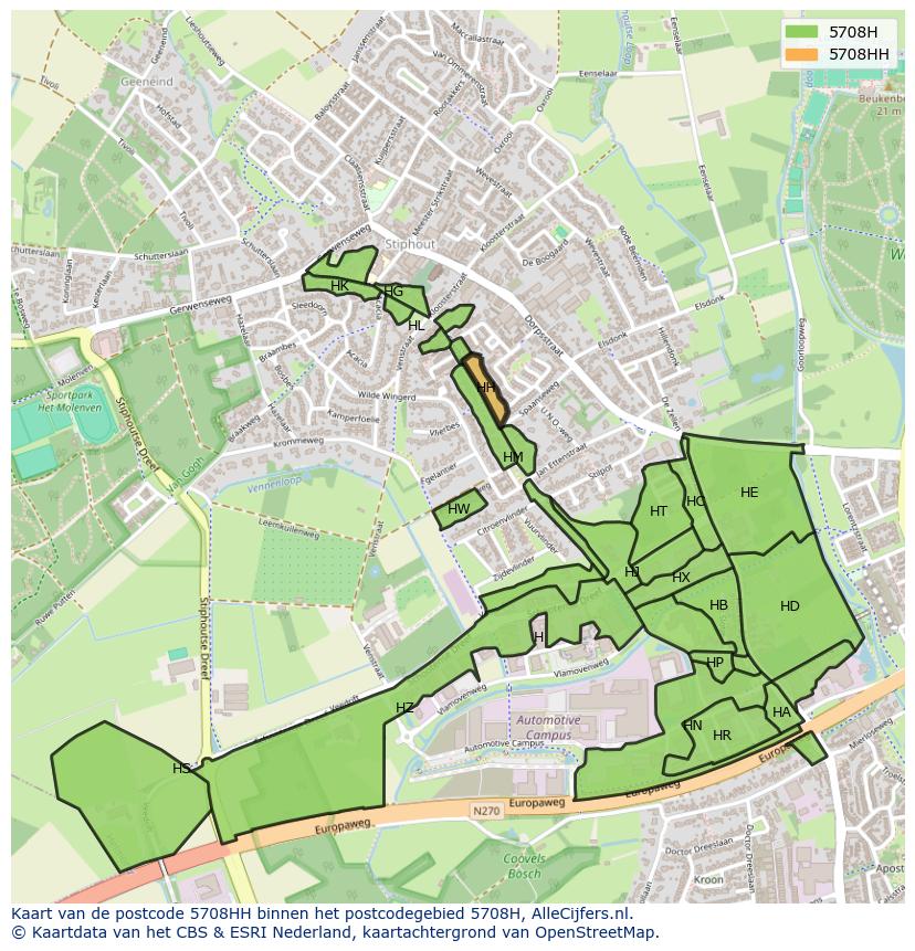Afbeelding van het postcodegebied 5708 HH op de kaart.