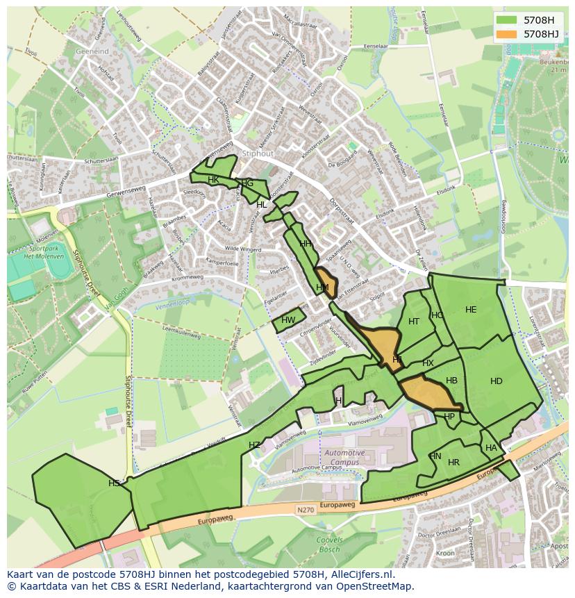 Afbeelding van het postcodegebied 5708 HJ op de kaart.