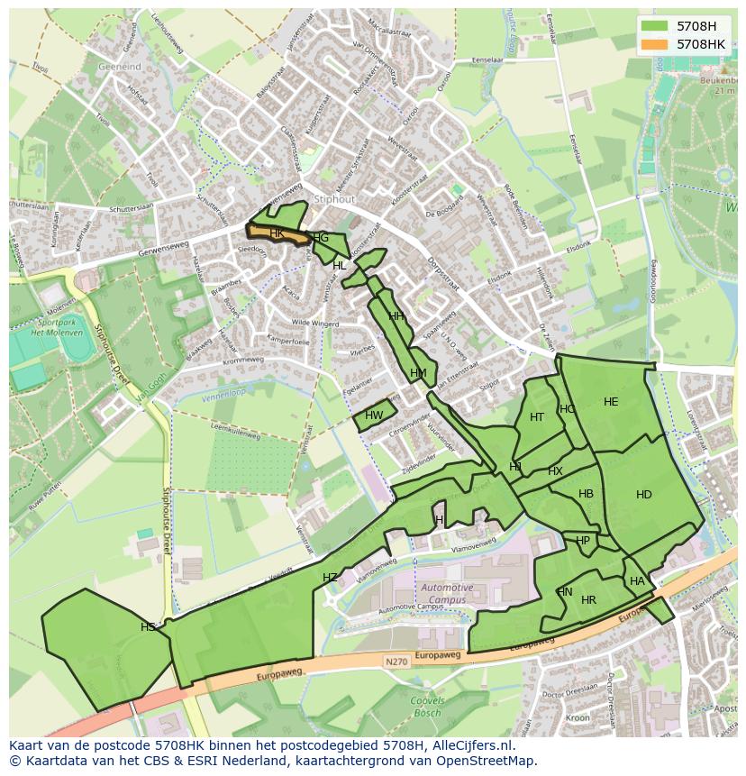 Afbeelding van het postcodegebied 5708 HK op de kaart.