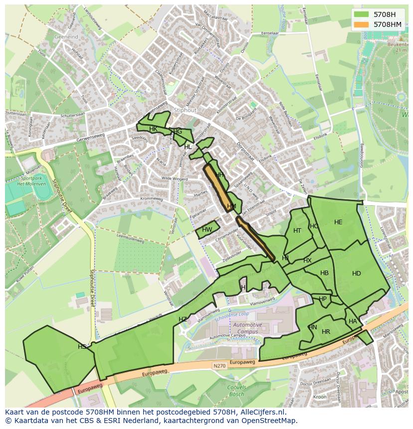 Afbeelding van het postcodegebied 5708 HM op de kaart.